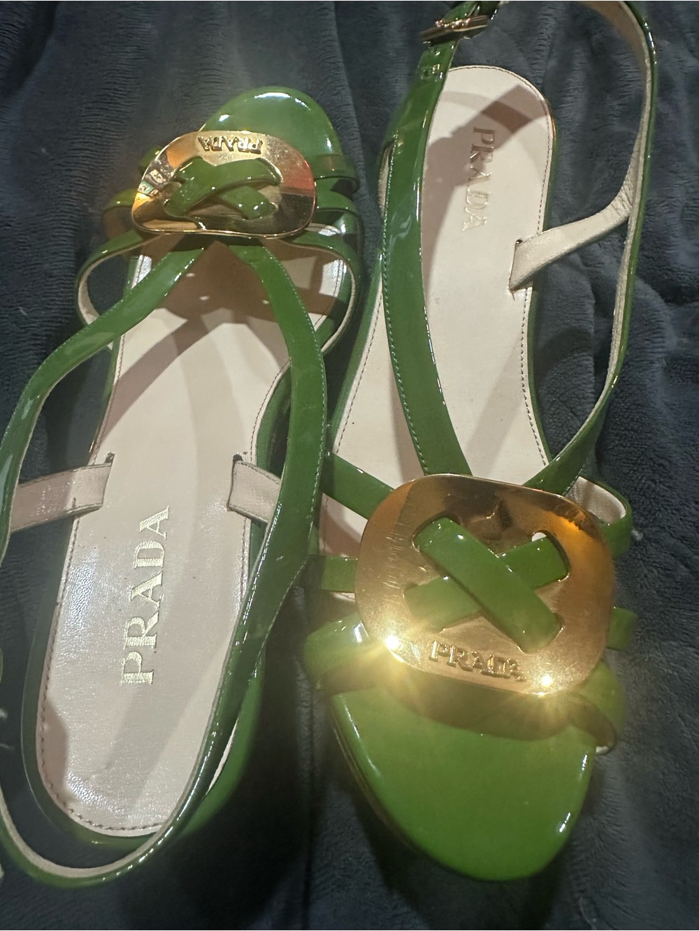 Prada Green Patent Leather Slingback Wedge Heels -Gold Logo Buckle-Sz 39